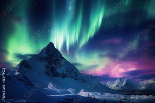 Ethereal northern lights illuminating a snow-covered mountain landscape