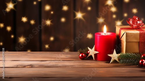Christmas presents surrounded by lanterns,pine trees and candle on a rustic wooden background © Marko