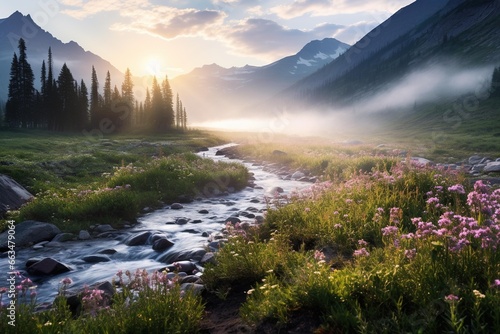 Foggy morning in a mountain valley, with wildflowers in the foreground