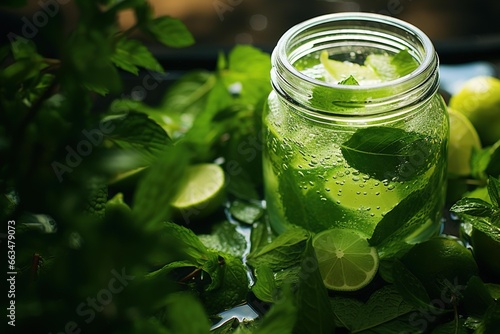 Fresh mint leaves floating in a jar of lime-infused water