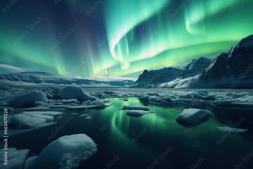 Green northern lights dancing over a frozen glacial lake