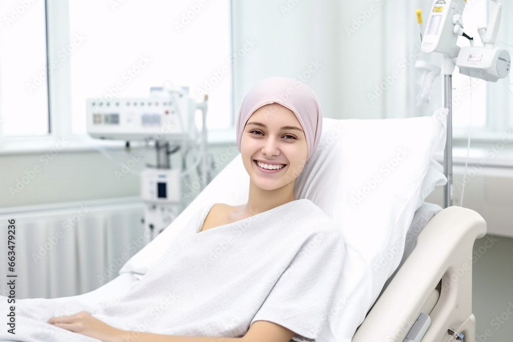 teenage woman with shaved head due to cancer with positive expression, in the hospital. AI generated. teenage woman with shaved head due to cancer with positive expression, in the hospital. AI generated.