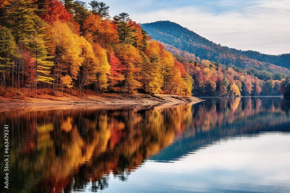 Glassy mountain lake reflecting autumnal forest colors