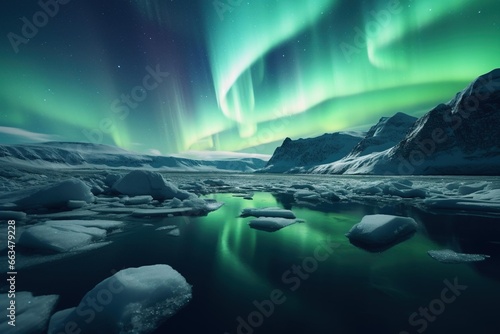Green northern lights dancing over a frozen glacial lake