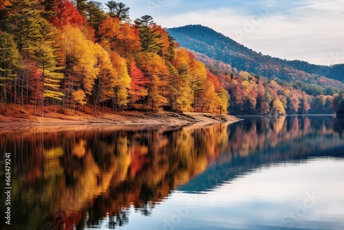 Glassy mountain lake reflecting autumnal forest colors