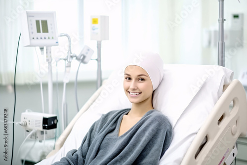 teenage woman with shaved head due to cancer with positive expression, in the hospital. AI generated.