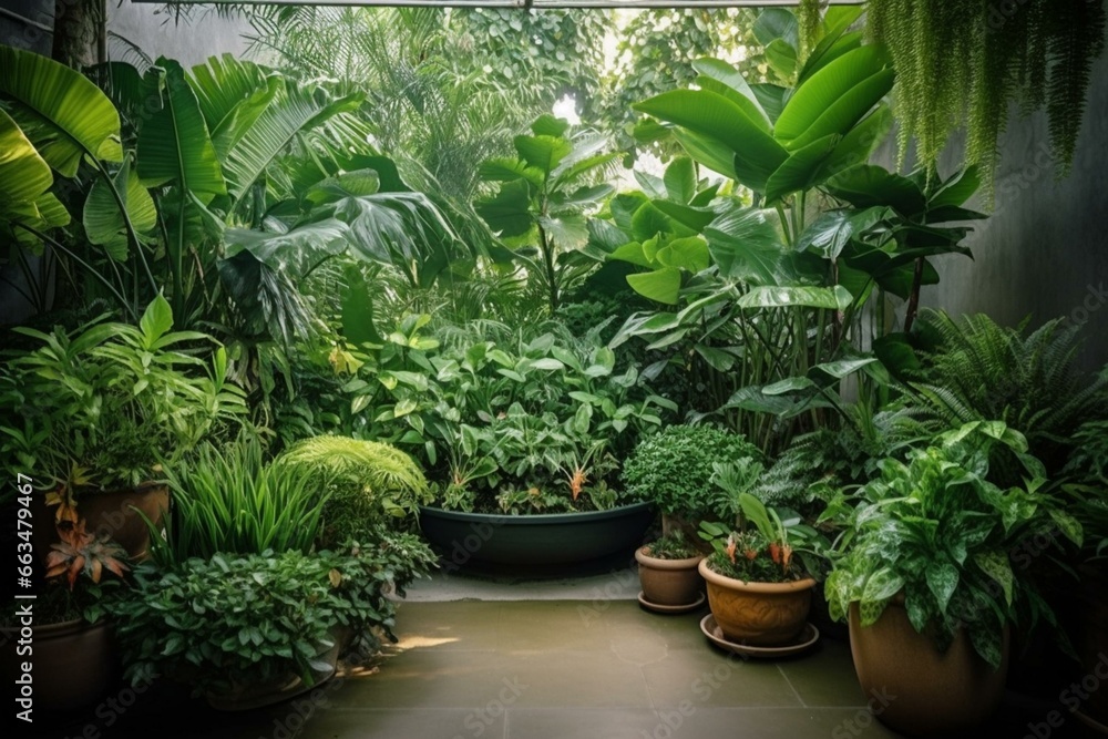 Indoor tropical plants with green leaves arranged in a natural garden backdrop. Generative AI