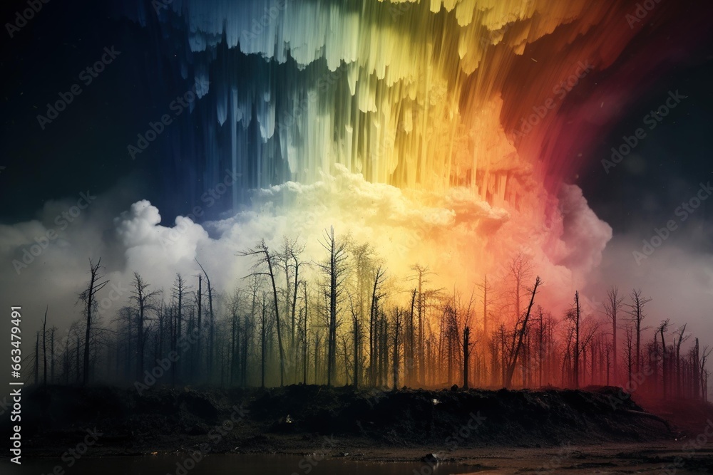Rainbow appearing in a sky filled with a thin layer of ash Rainbow appearing in a sky filled with a thin layer of ash