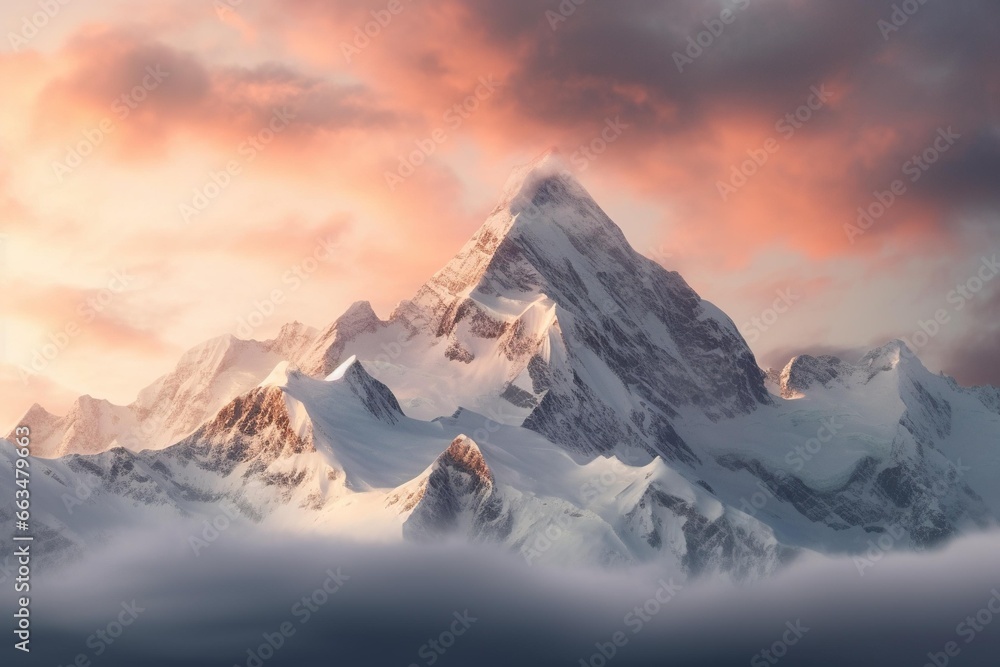 Snow-covered mountain range illuminated by the soft light of a winter sunrise