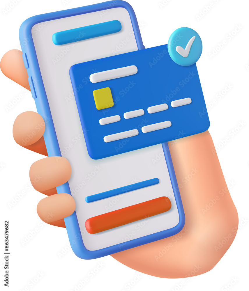 3D Hand holding mobile phone with credit card - obrazy, fototapety, plakaty 