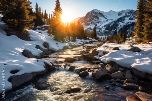 Snow melting into a mountain stream with sun rays filtering through pine trees
