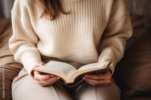 Library aesthetic in warm cozy autumn shades, a girl in a cozy sweater reading a book.