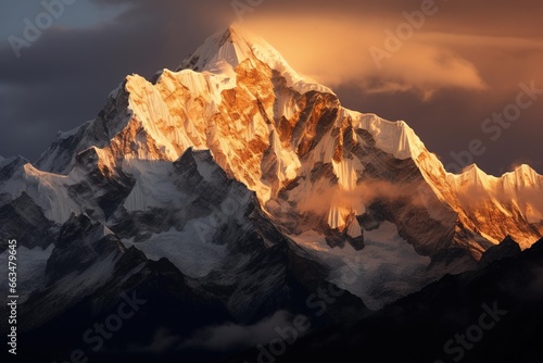 Snow-capped mountain range illuminated by golden-hour light