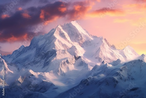 Snow-covered mountain range illuminated by the soft light of a winter sunrise