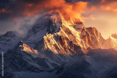 Snow-capped mountain range illuminated by golden-hour light © Dan