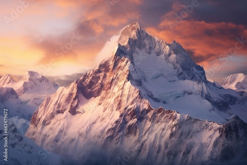 Snow-covered mountain range illuminated by the soft light of a winter sunrise © Dan