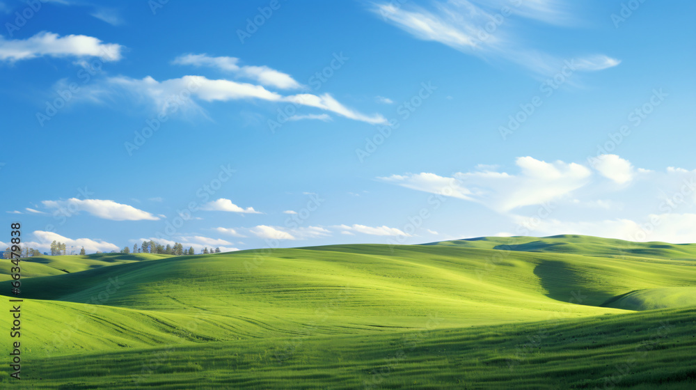 Fresh green fields in spring with a blue sky backdrop on a hill