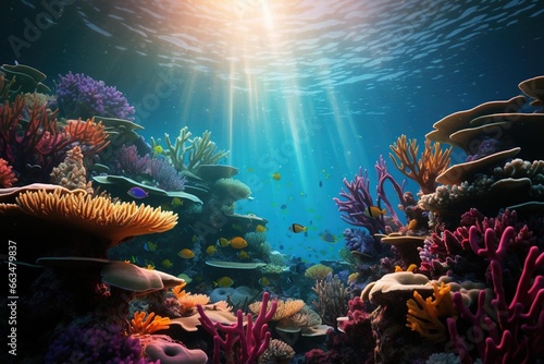 The sun illuminating the vibrant colors of an underwater coral reef