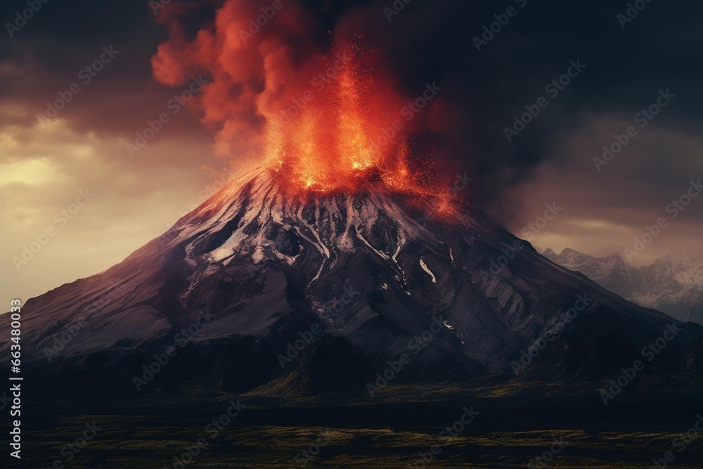Volcanic mountain peak surrounded by a field of hardened lava and ash