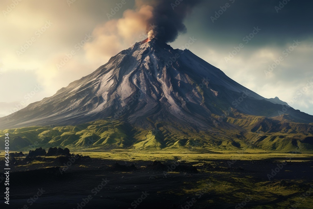 Volcanic mountain peak surrounded by a field of hardened lava and ash