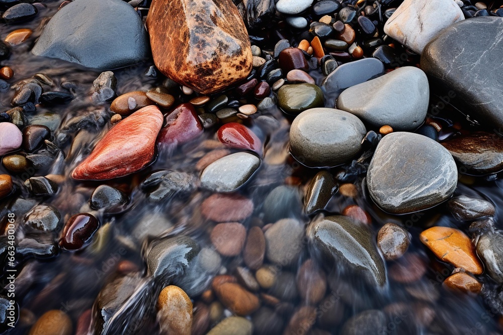 Water cascading over smooth, pastel-colored pebbles in a stream