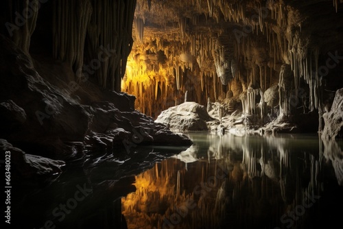 Underground lake reflecting stalactites from the cave ceiling
