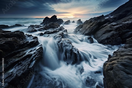 Waves crashing on a rocky shore captured with a long-exposure technique