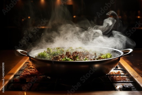 Water hitting a hot skillet, producing a fine mist and steam