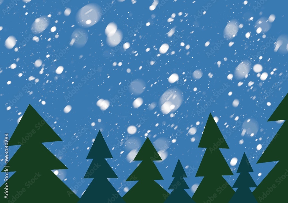 winter New Year drawing, fir trees with falling snow