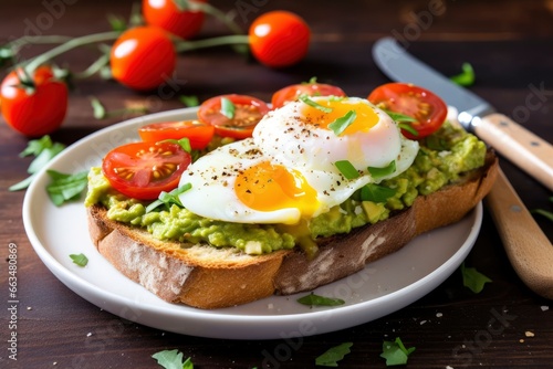 Avocado toast with eggs and roasted tomatoes.