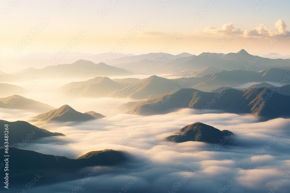 Aerial view of mountain ridges veiled in mist during golden hour