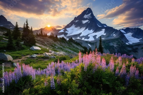 Craggy mountain peak surrounded by blooming wildflowers