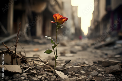 Red flower in the middle of destroyed building.