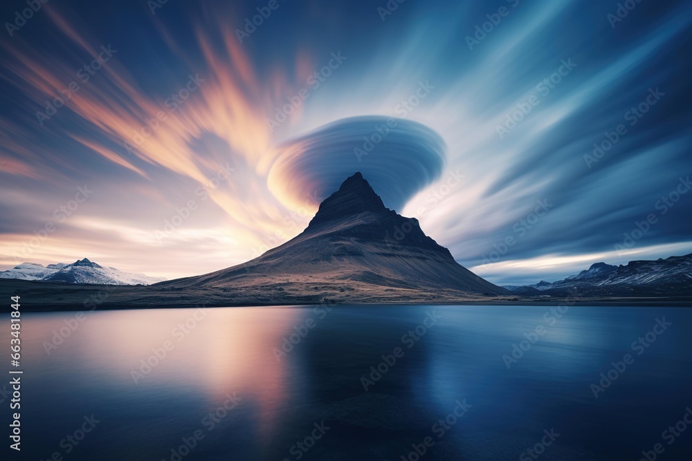 Isolated mountain with swirling cloud formation at its peak during blue hour
