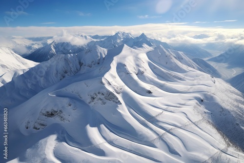 Helicopter view of a crescent-shaped ridge on a mountain during winter