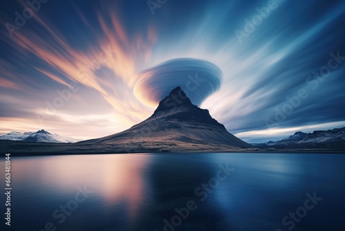 Isolated mountain with swirling cloud formation at its peak during blue hour