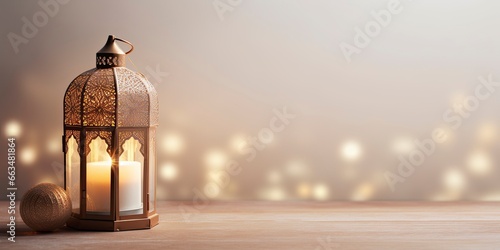 Celebration of islamic eid mubarak and eid al adha lantern in a light background. © RABEYAAKTER