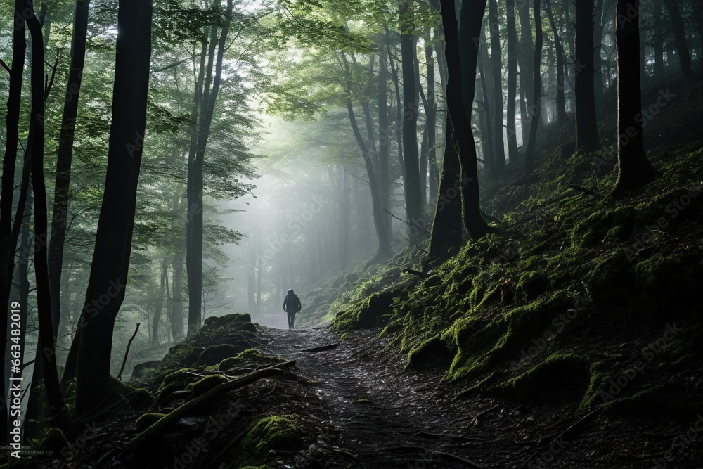 Misty morning ascent through dense forest