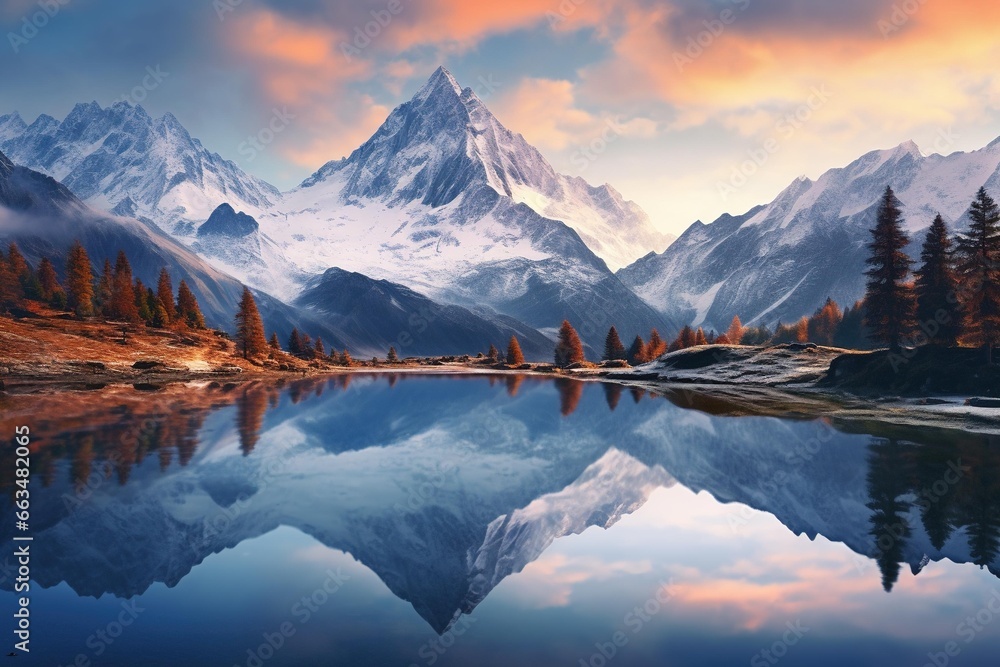 Mountain range reflected perfectly in a glassy alpine lake during early morning