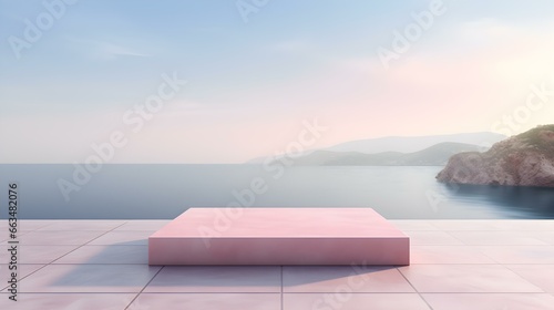 Square Stone Podium in pink Colors in front of a blurred Seascape. Luxury Backdrop for Product Presentation © drdigitaldesign