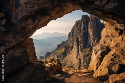 Mountain peak visible through a naturally formed stone arch