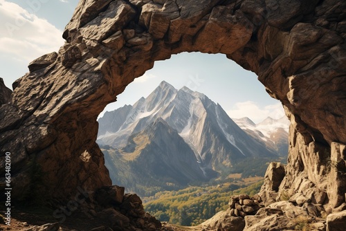 Mountain peak visible through a naturally formed stone arch