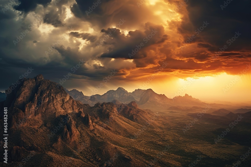 Sunset casting golden hues on a mountain range with dark storm clouds looming above