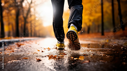 Legs, feet and shoes of a person Running or Jogging outdoors in rainy autumn weather with leaves in warm colors on the ground. Low angle shot with shallow field of view. Concept of health and fitness	