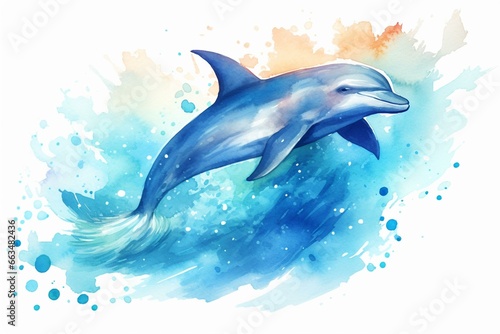 A dolphin splashes in water. Watercolor artwork. A playful dolphin frolics in water. Splashes scatter widely. Trendy illustration. Generative AI © Calantha