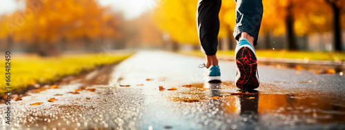 Legs  feet and shoes of a person Running or Jogging outdoors in rainy autumn weather with leaves in warm colors on the ground. Low angle shot with shallow field of view. Concept of health and fitness 