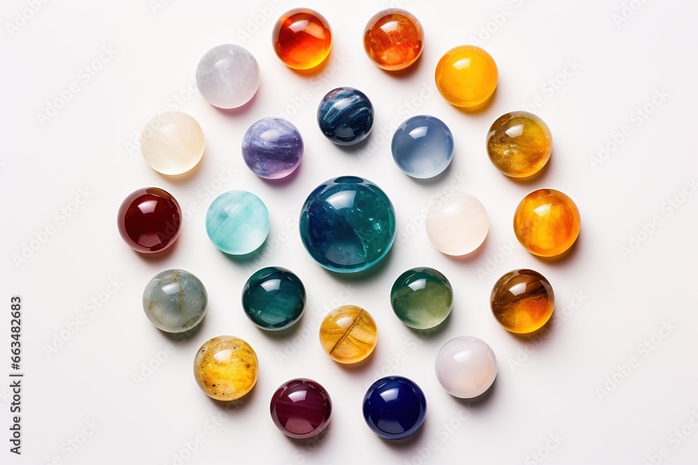 Top-down view of an array of chakra stones on a white surface Top-down view of an array of chakra stones on a white surface