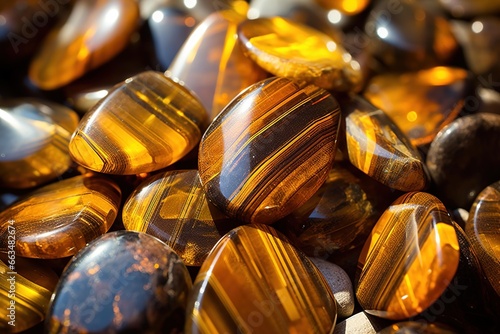 Tigerâ€™s Eye crystals in natural sunlight, bringing out golden striations photo