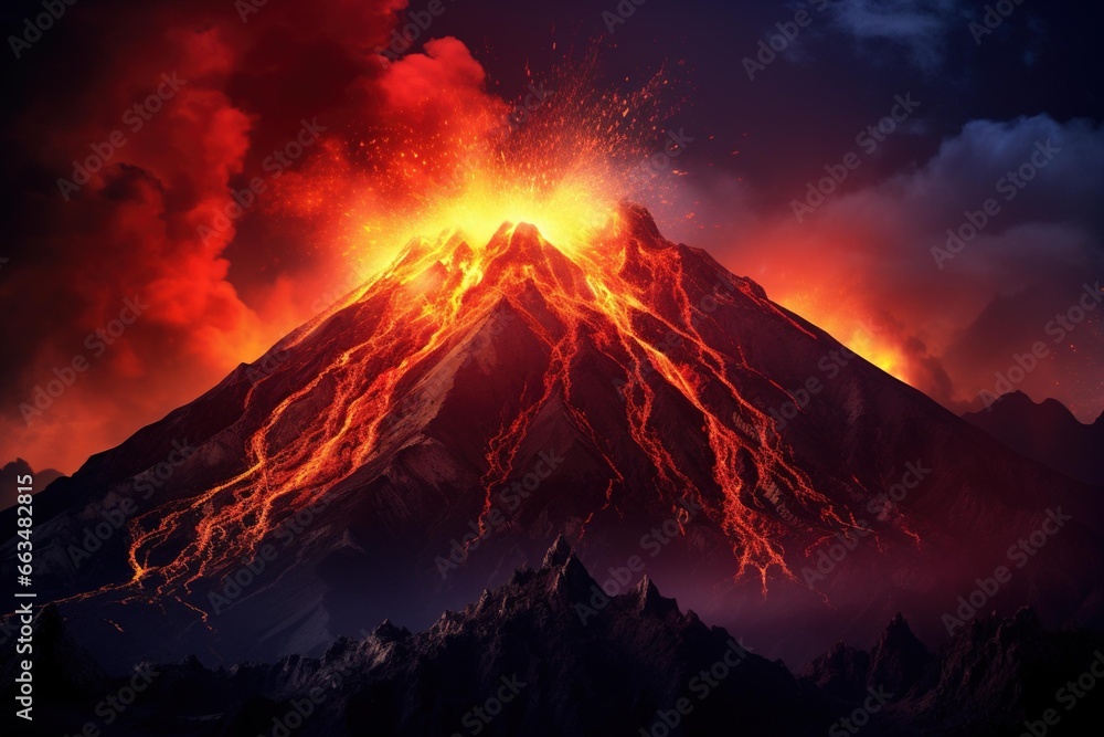Volcanic mountain with lava flow at night