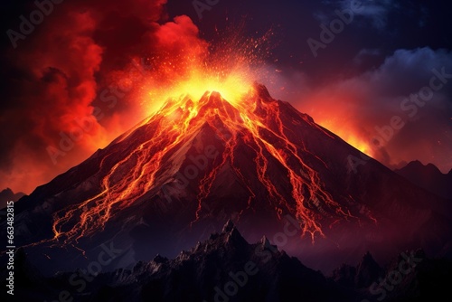 Volcanic mountain with lava flow at night